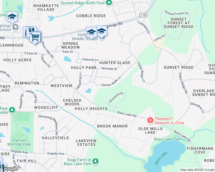 map of restaurants, bars, coffee shops, grocery stores, and more near 5209 Sunset Walk Lane in Holly Springs
