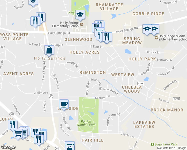 map of restaurants, bars, coffee shops, grocery stores, and more near 208 Bateau Road in Holly Springs