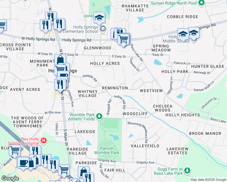 map of restaurants, bars, coffee shops, grocery stores, and more near 204 Bateau Road in Holly Springs
