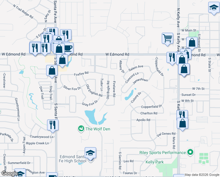 map of restaurants, bars, coffee shops, grocery stores, and more near 608 Old Bugle Road in Edmond