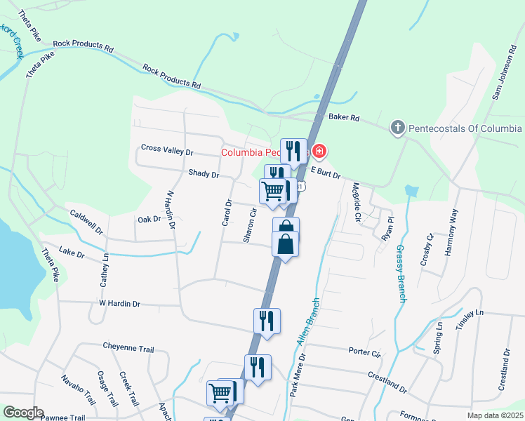 map of restaurants, bars, coffee shops, grocery stores, and more near 106 Sharon Circle in Columbia