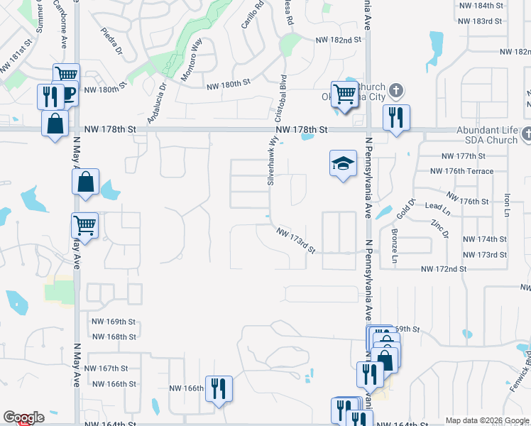 map of restaurants, bars, coffee shops, grocery stores, and more near 2400 Northwest 174th Street in Edmond