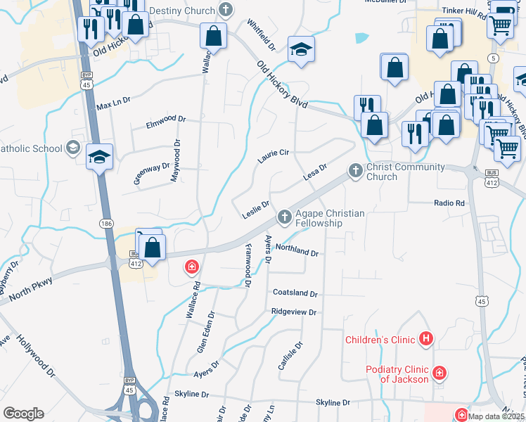 map of restaurants, bars, coffee shops, grocery stores, and more near 12 Leslie Drive in Jackson