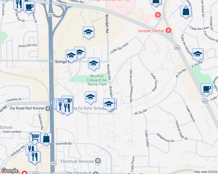 map of restaurants, bars, coffee shops, grocery stores, and more near in Santa Fe