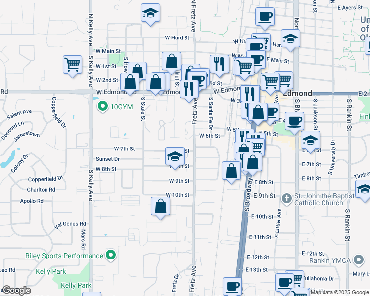 map of restaurants, bars, coffee shops, grocery stores, and more near 309 West 7th Street in Edmond