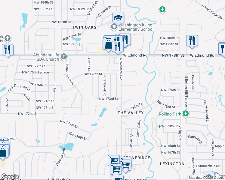 map of restaurants, bars, coffee shops, grocery stores, and more near 17504 Woodsorrel Road in Edmond