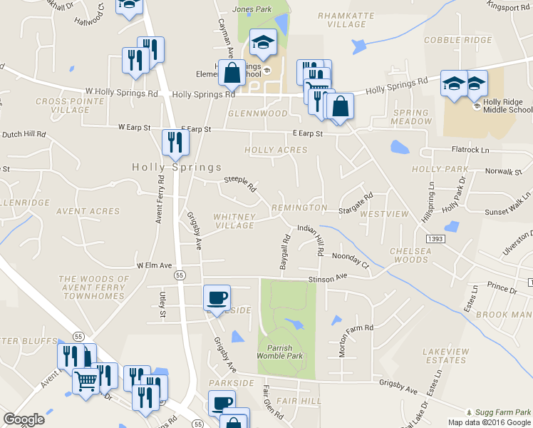 map of restaurants, bars, coffee shops, grocery stores, and more near 320 Steeple Road in Holly Springs