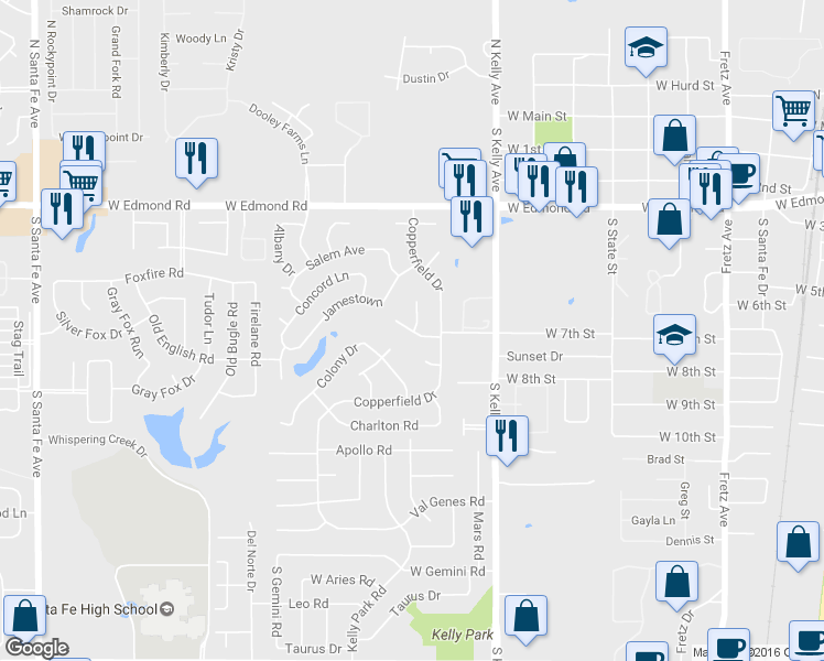 map of restaurants, bars, coffee shops, grocery stores, and more near Providence Court in Edmond