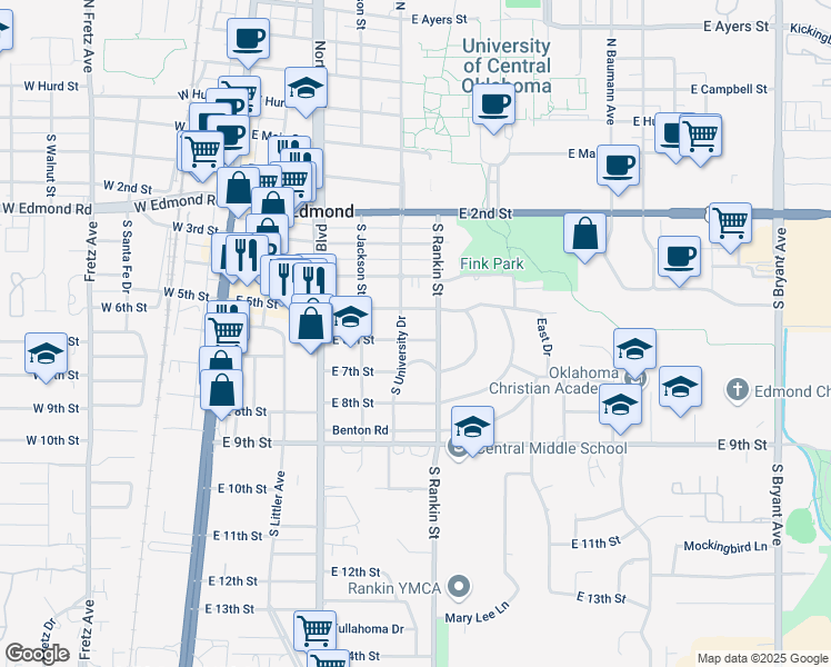 map of restaurants, bars, coffee shops, grocery stores, and more near 411 East 6th Street in Edmond