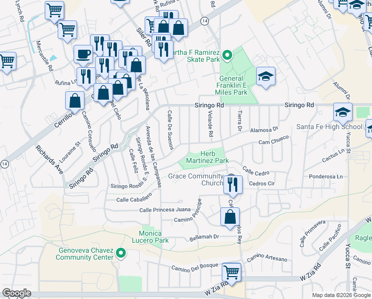 map of restaurants, bars, coffee shops, grocery stores, and more near 2908 Alamosa Drive in Santa Fe