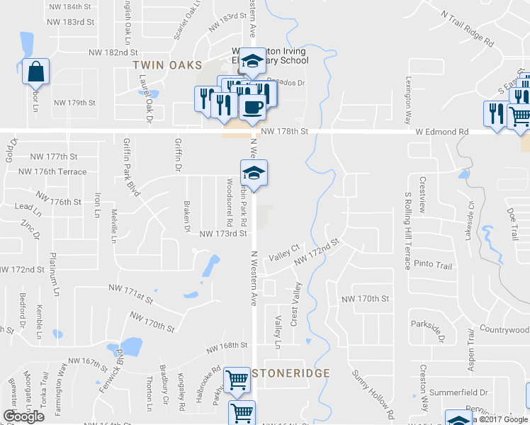 map of restaurants, bars, coffee shops, grocery stores, and more near 17460 North Western Avenue in Edmond