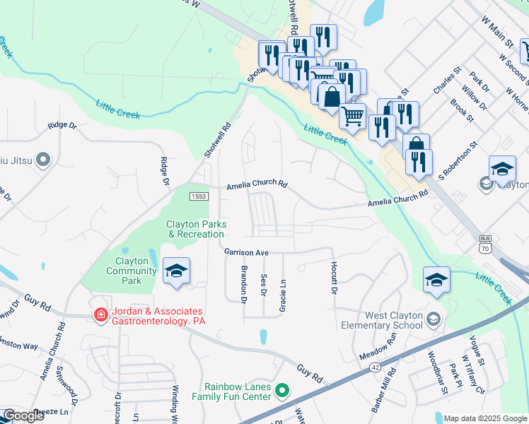 map of restaurants, bars, coffee shops, grocery stores, and more near 123 Scotch Bonnet Ridge in Clayton