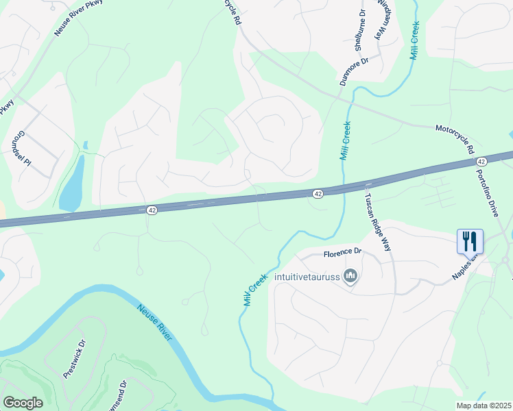 map of restaurants, bars, coffee shops, grocery stores, and more near 24 Bucchero Lane in Clayton