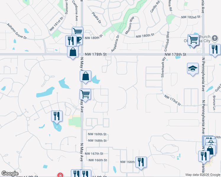 map of restaurants, bars, coffee shops, grocery stores, and more near 17332 Hardwood Place in Edmond