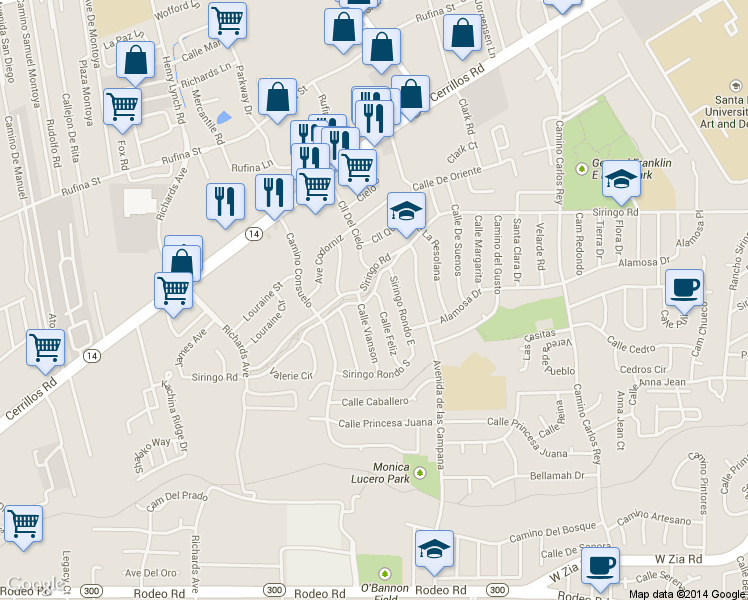 map of restaurants, bars, coffee shops, grocery stores, and more near 3016 Siringo Road in Santa Fe