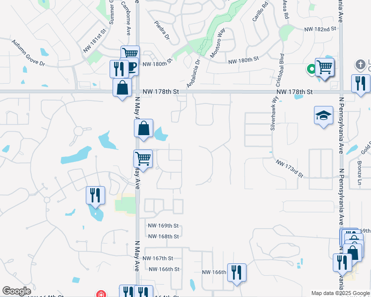map of restaurants, bars, coffee shops, grocery stores, and more near 17332 Hardwood Place in Edmond