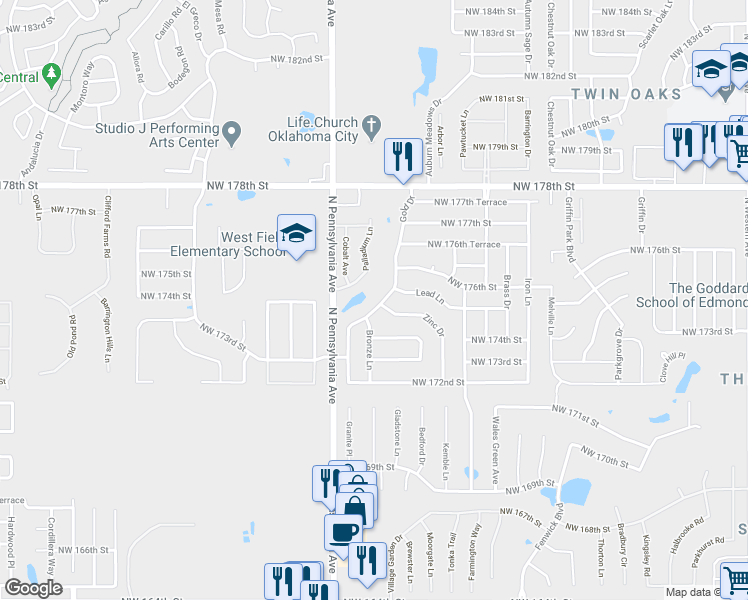 map of restaurants, bars, coffee shops, grocery stores, and more near 17545 Gold Dr in Edmond