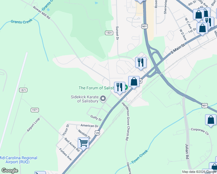 map of restaurants, bars, coffee shops, grocery stores, and more near 219 Rowan Mill Road in Salisbury