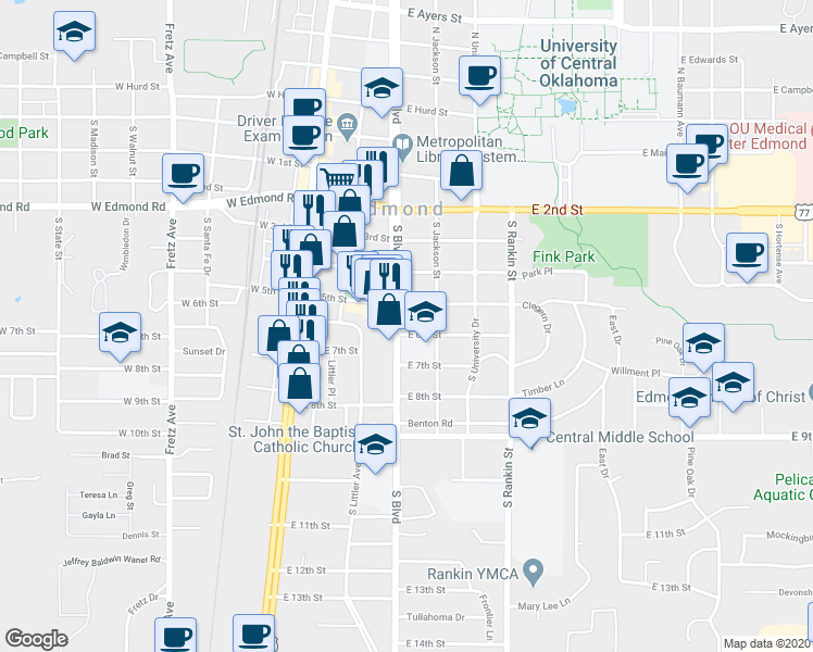 map of restaurants, bars, coffee shops, grocery stores, and more near 205 East 6th Street in Edmond