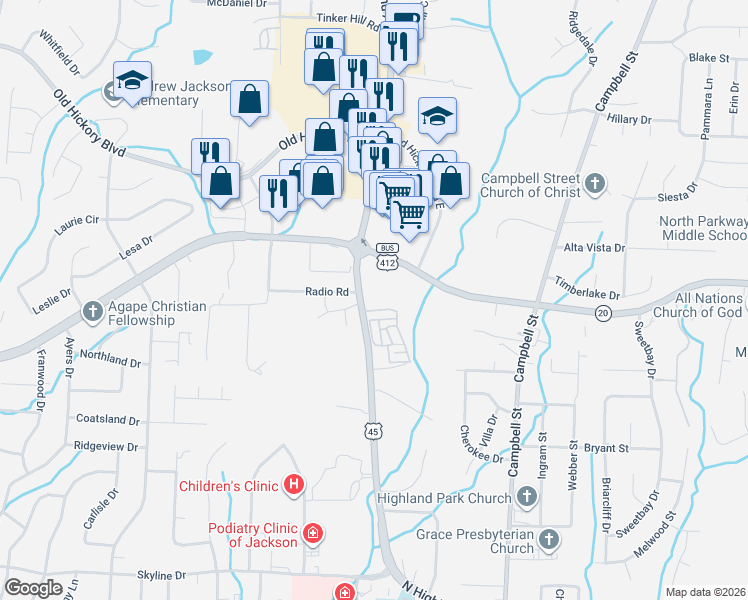 map of restaurants, bars, coffee shops, grocery stores, and more near 1800 N Highland Ave in Jackson