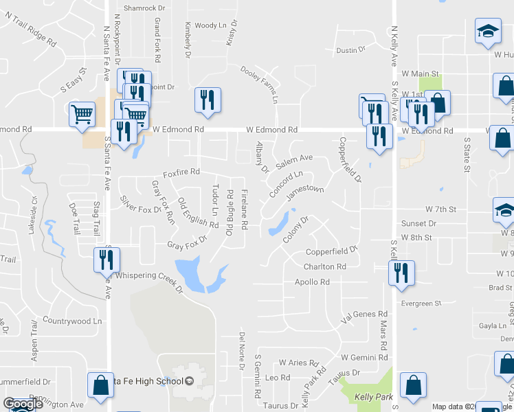 map of restaurants, bars, coffee shops, grocery stores, and more near 1521 Concord Lane in Edmond