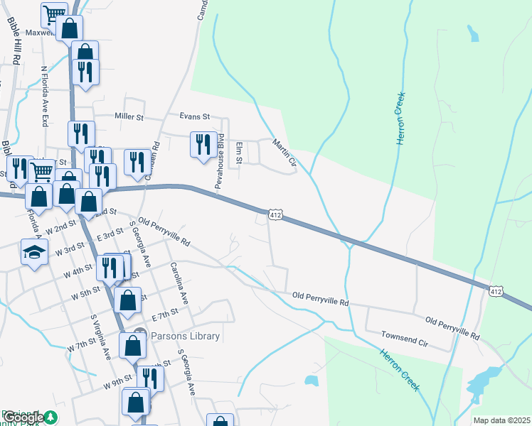 map of restaurants, bars, coffee shops, grocery stores, and more near 641 Highway 20 in Parsons