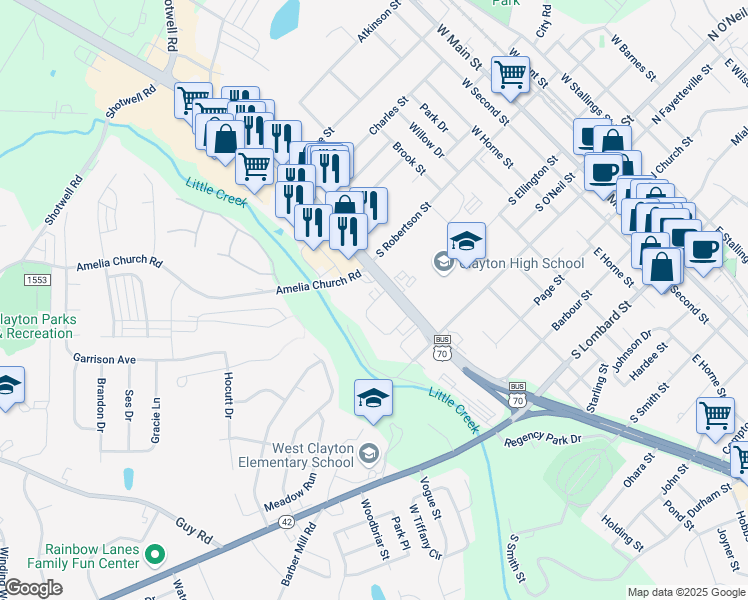 map of restaurants, bars, coffee shops, grocery stores, and more near 640 Greenwood Drive in Clayton