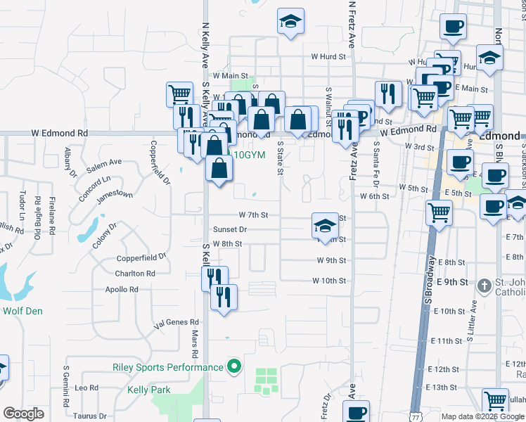 map of restaurants, bars, coffee shops, grocery stores, and more near 621 West 7th Street in Edmond