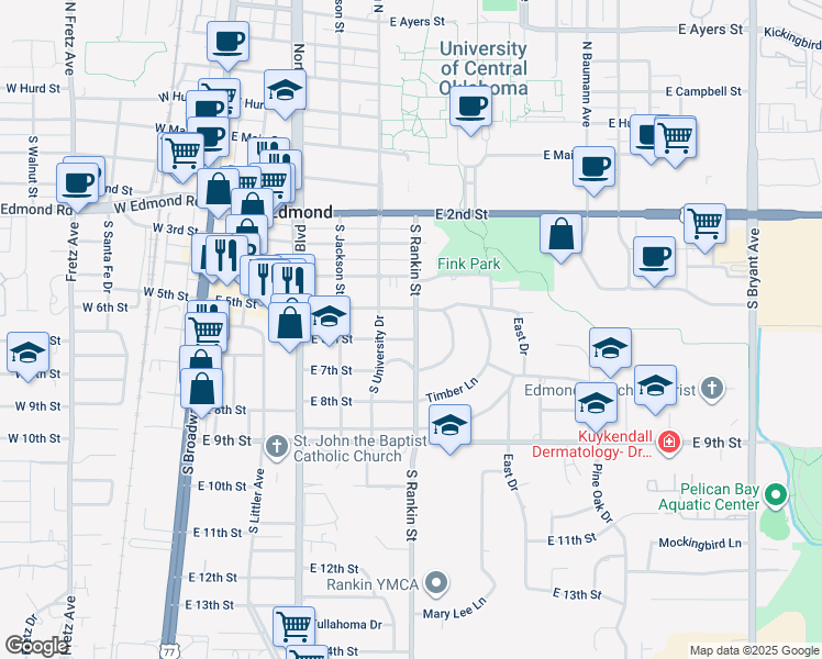 map of restaurants, bars, coffee shops, grocery stores, and more near 411 East 6th Street in Edmond