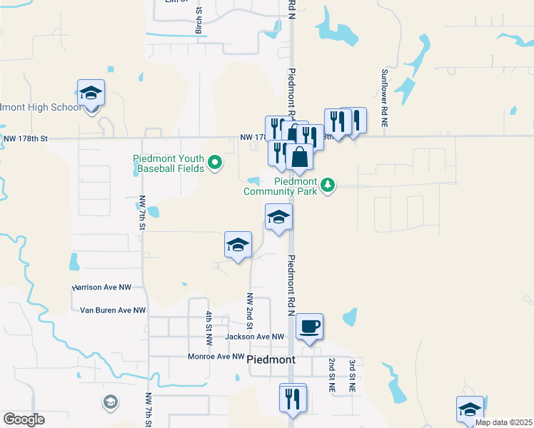 map of restaurants, bars, coffee shops, grocery stores, and more near 1107 Piedmont Road North in Piedmont