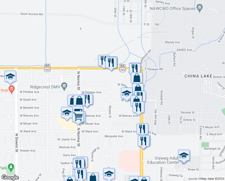 map of restaurants, bars, coffee shops, grocery stores, and more near 248 West Perdew Avenue in Ridgecrest