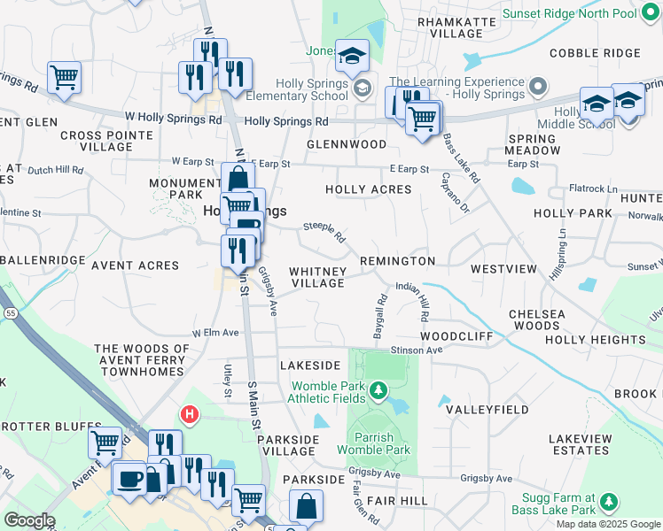 map of restaurants, bars, coffee shops, grocery stores, and more near 308 Round About Road in Holly Springs