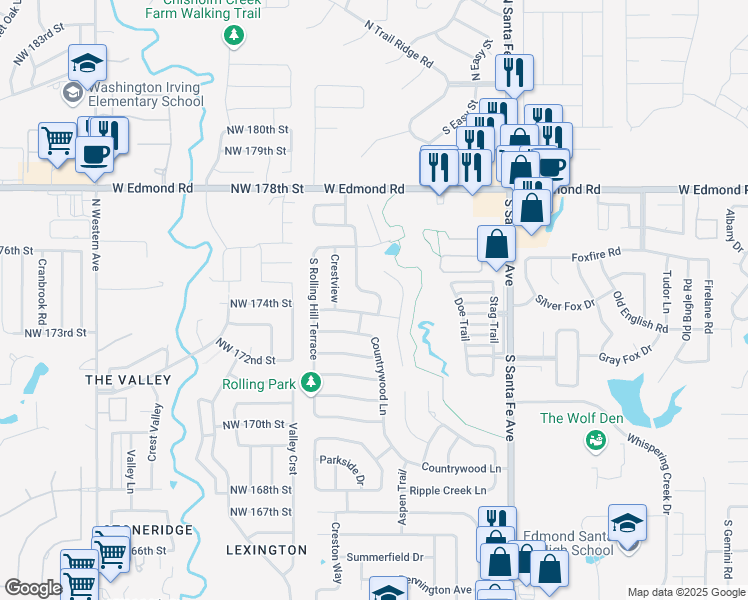 map of restaurants, bars, coffee shops, grocery stores, and more near 625 South Country Side Trail in Edmond