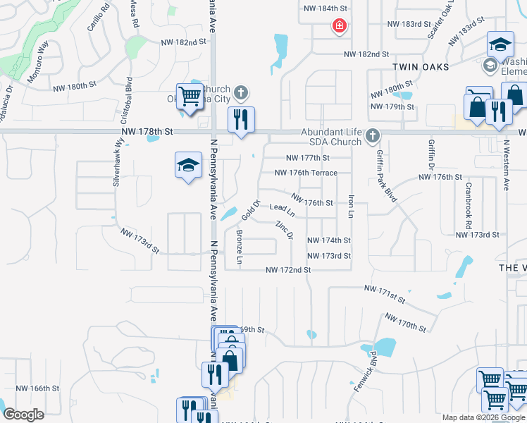 map of restaurants, bars, coffee shops, grocery stores, and more near 17645 Lead Lane in Edmond