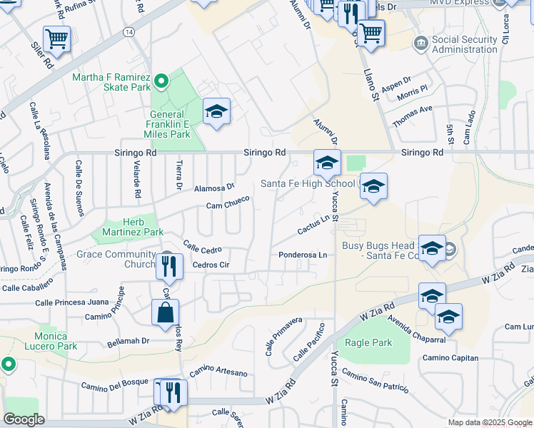 map of restaurants, bars, coffee shops, grocery stores, and more near 2195 Rancho Siringo Road in Santa Fe