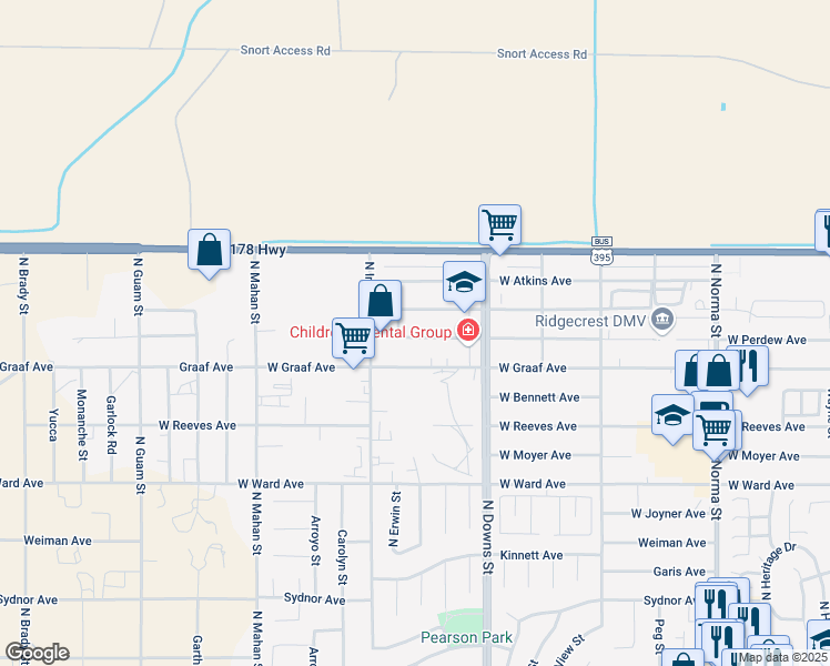 map of restaurants, bars, coffee shops, grocery stores, and more near 1008 West Perdew Avenue in Ridgecrest