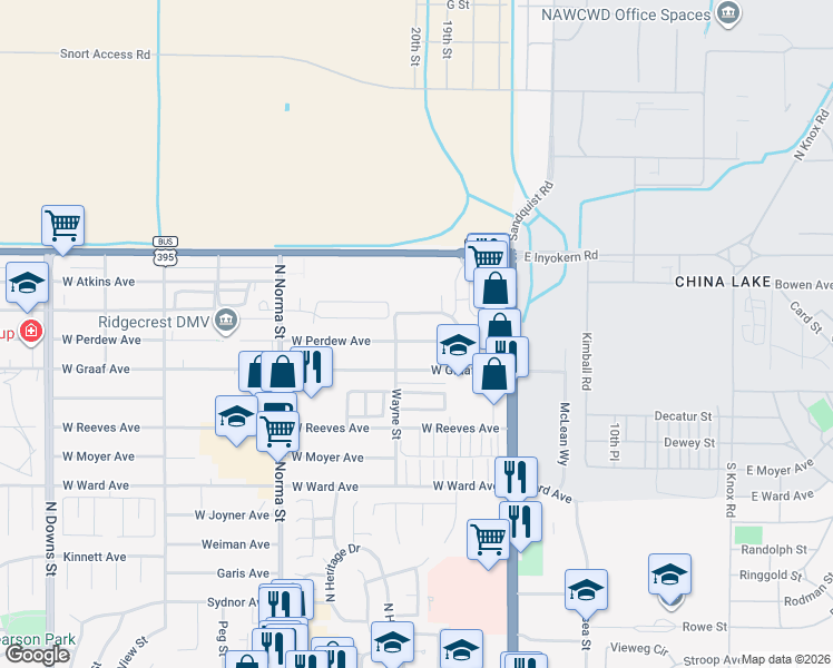 map of restaurants, bars, coffee shops, grocery stores, and more near 240 West Perdew Avenue in Ridgecrest