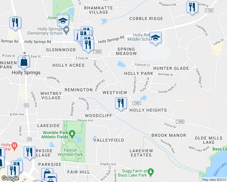 map of restaurants, bars, coffee shops, grocery stores, and more near 116 Holly Mountain Road in Holly Springs