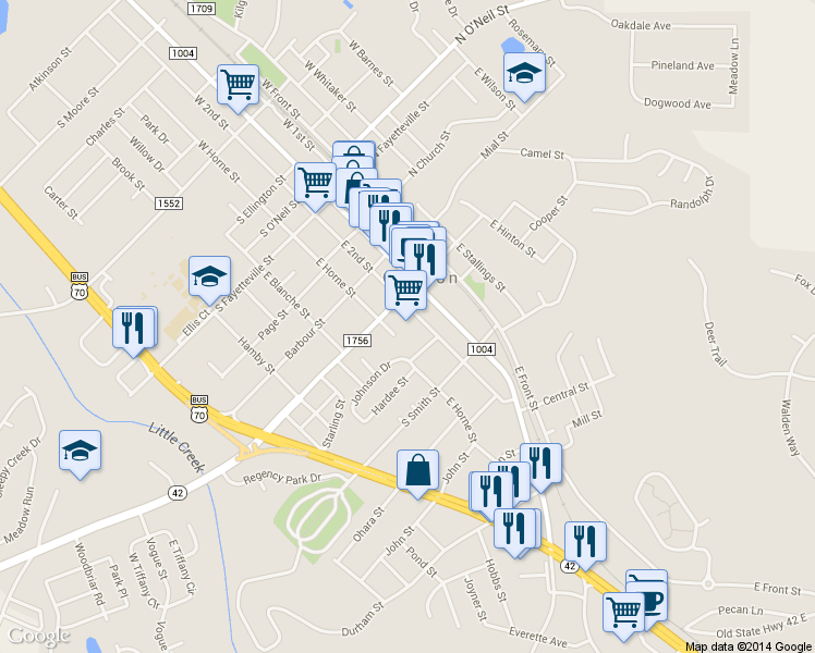 map of restaurants, bars, coffee shops, grocery stores, and more near 421 East 2nd Street in Clayton