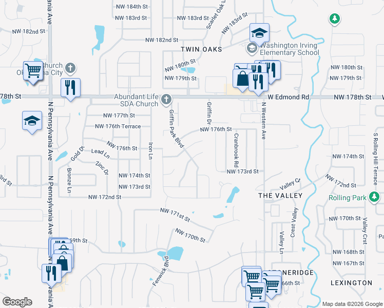map of restaurants, bars, coffee shops, grocery stores, and more near 1509 Northwest 174th Court in Edmond