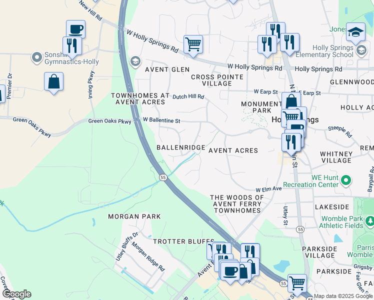 map of restaurants, bars, coffee shops, grocery stores, and more near 300 Sturminster Drive in Holly Springs