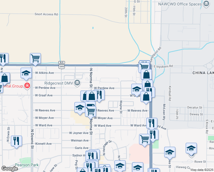 map of restaurants, bars, coffee shops, grocery stores, and more near 336 West Perdew Avenue in Ridgecrest