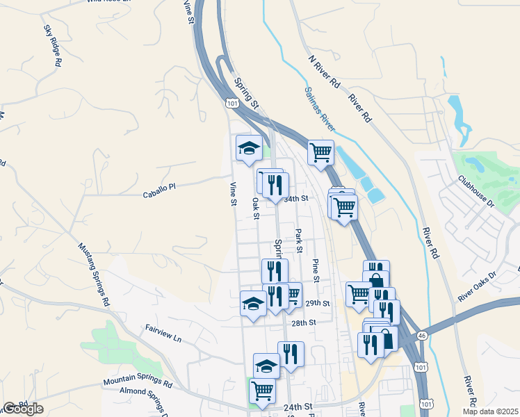 map of restaurants, bars, coffee shops, grocery stores, and more near 3340 Oak Street in Paso Robles
