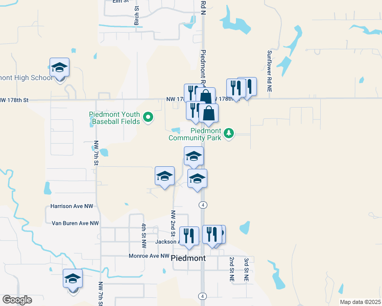 map of restaurants, bars, coffee shops, grocery stores, and more near 1107 Piedmont Road North in Piedmont