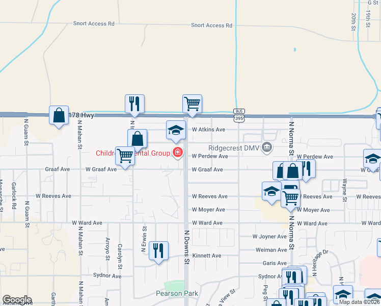 map of restaurants, bars, coffee shops, grocery stores, and more near 828 West Perdew Avenue in Ridgecrest