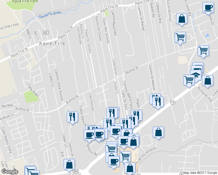 map of restaurants, bars, coffee shops, grocery stores, and more near 4347 Santa Lucia Street in Santa Fe