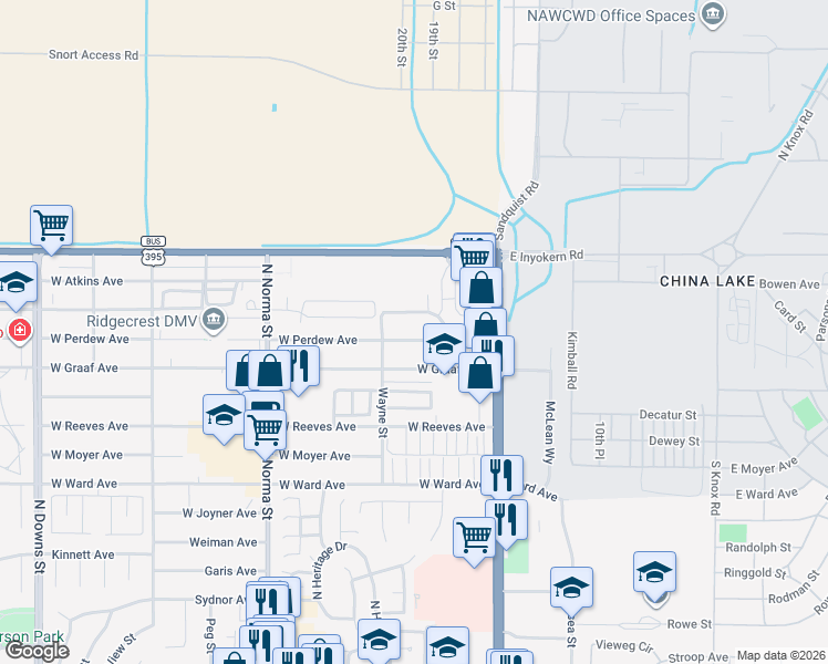 map of restaurants, bars, coffee shops, grocery stores, and more near 232 Perdew Avenue in Ridgecrest