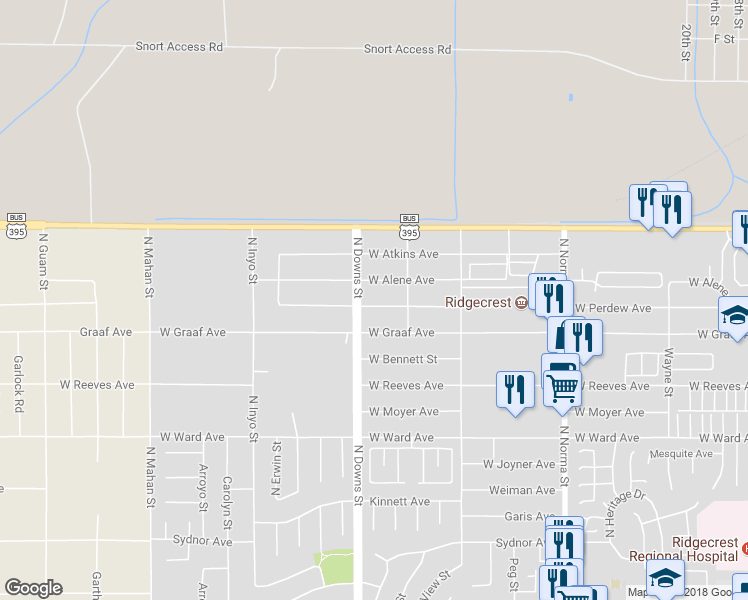 map of restaurants, bars, coffee shops, grocery stores, and more near 828 West Perdew Avenue in Ridgecrest