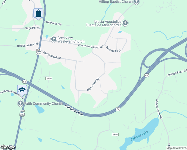 map of restaurants, bars, coffee shops, grocery stores, and more near 1769 Manorview Road in Asheboro