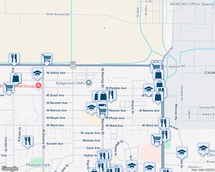 map of restaurants, bars, coffee shops, grocery stores, and more near 428 West Perdew Avenue in Ridgecrest